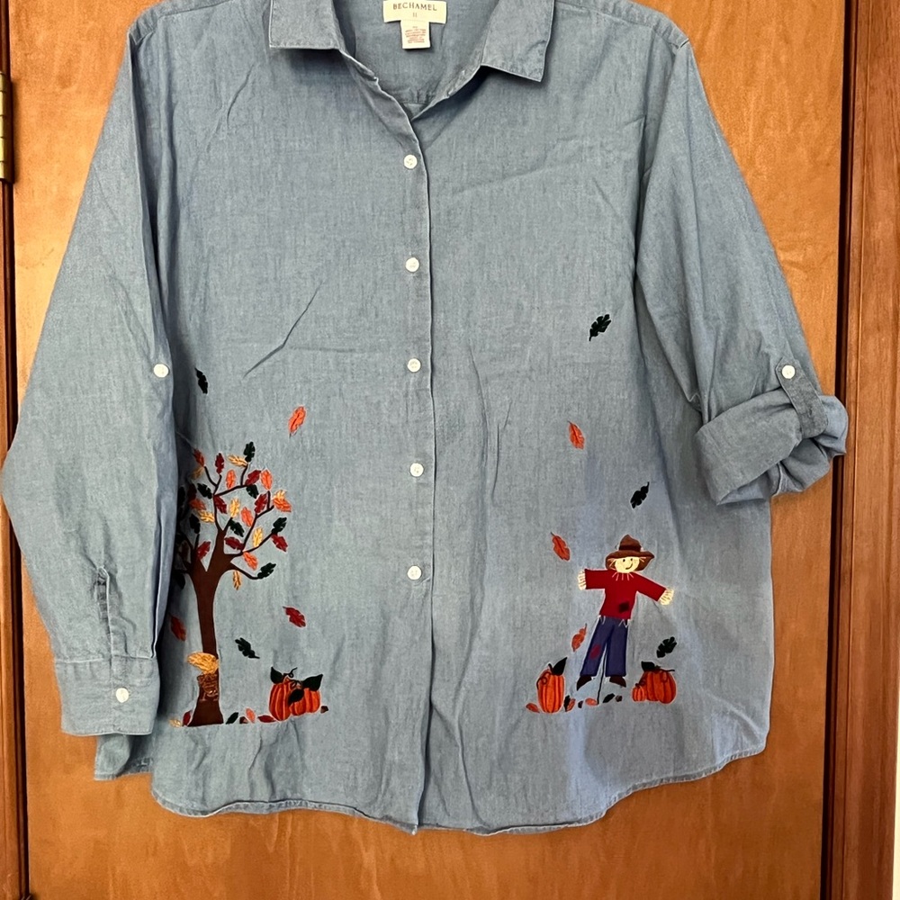 Béchamel II, chambray w/ Fall embroidery design, size 2X, long-sleeves